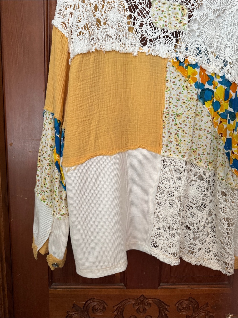 POL Patchwork Crochet Button-Down Shirt - Mustard, White & Blue Floral - Picture 6 of 6